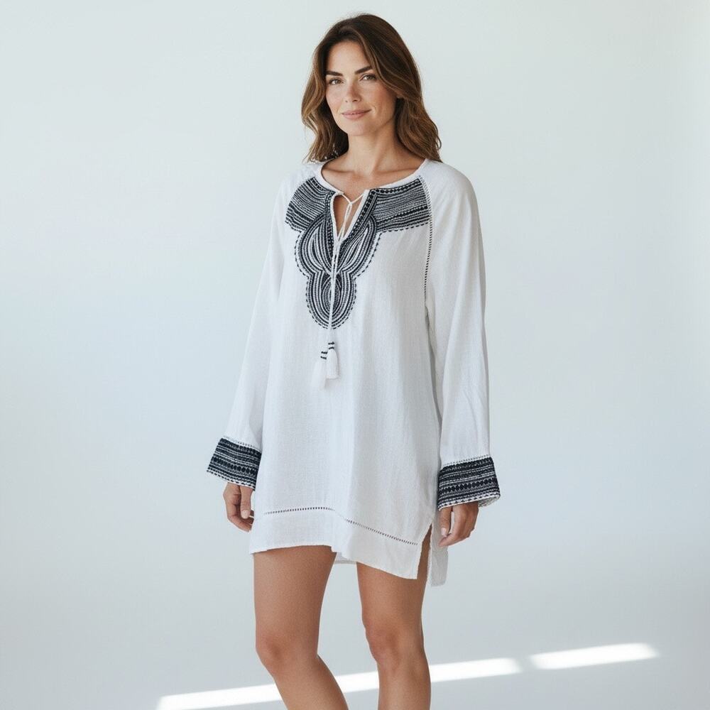 100%  White Linen Embroidered Boho Blouse Tassel‎ Tie Peasant Top Lightweight